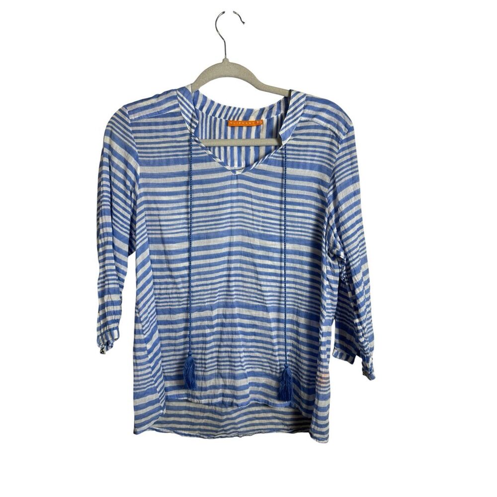 Oliphant 100% Cotton Striped Blouse Size XS Blue White Breezy Flowy